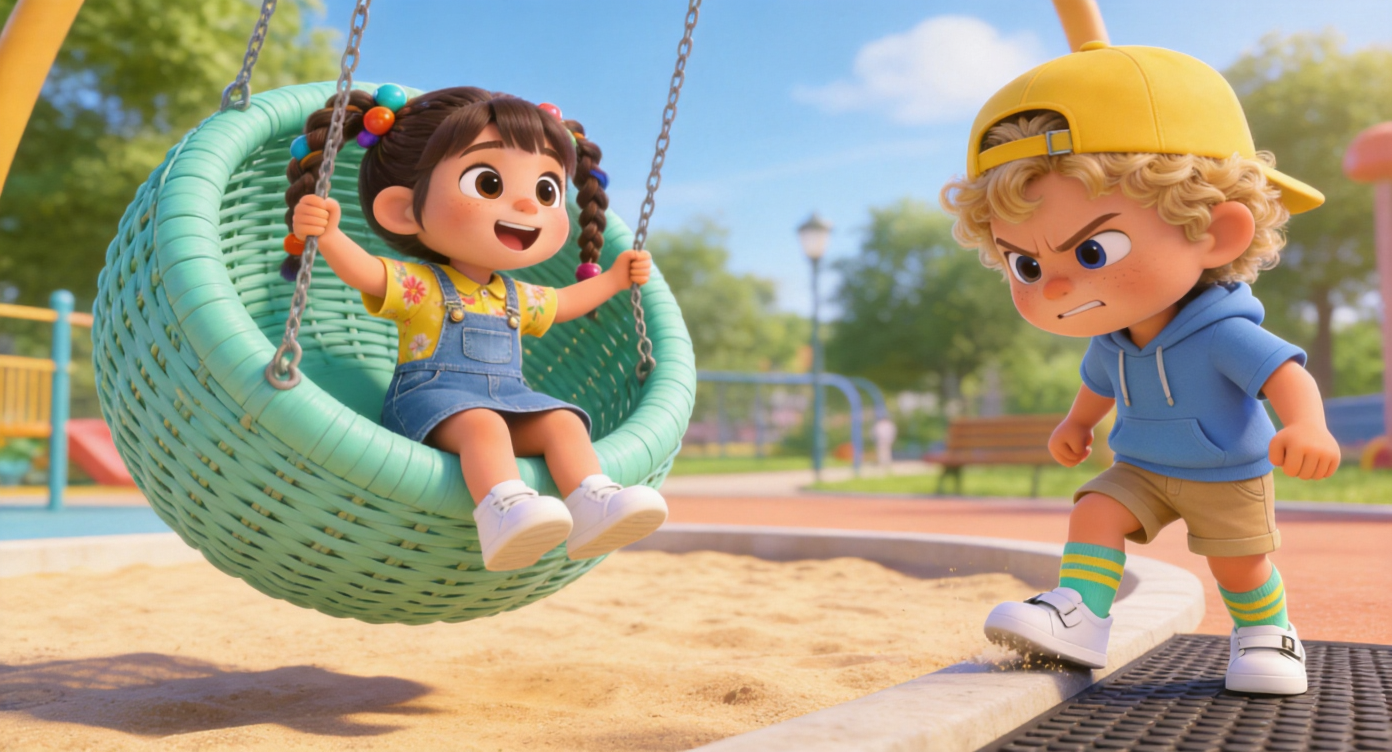 Medium shot. By a sunny park sandbox, Maya is happily riding a giant mint-green round basket swing. Oliver stands at the edge of the frame, his eyebrows furrowed tightly, eyes full of anger and frustration, stomping his white sneakers hard on the rubber mat. Highly detailed, 3D Pixar style. --ar 16:9