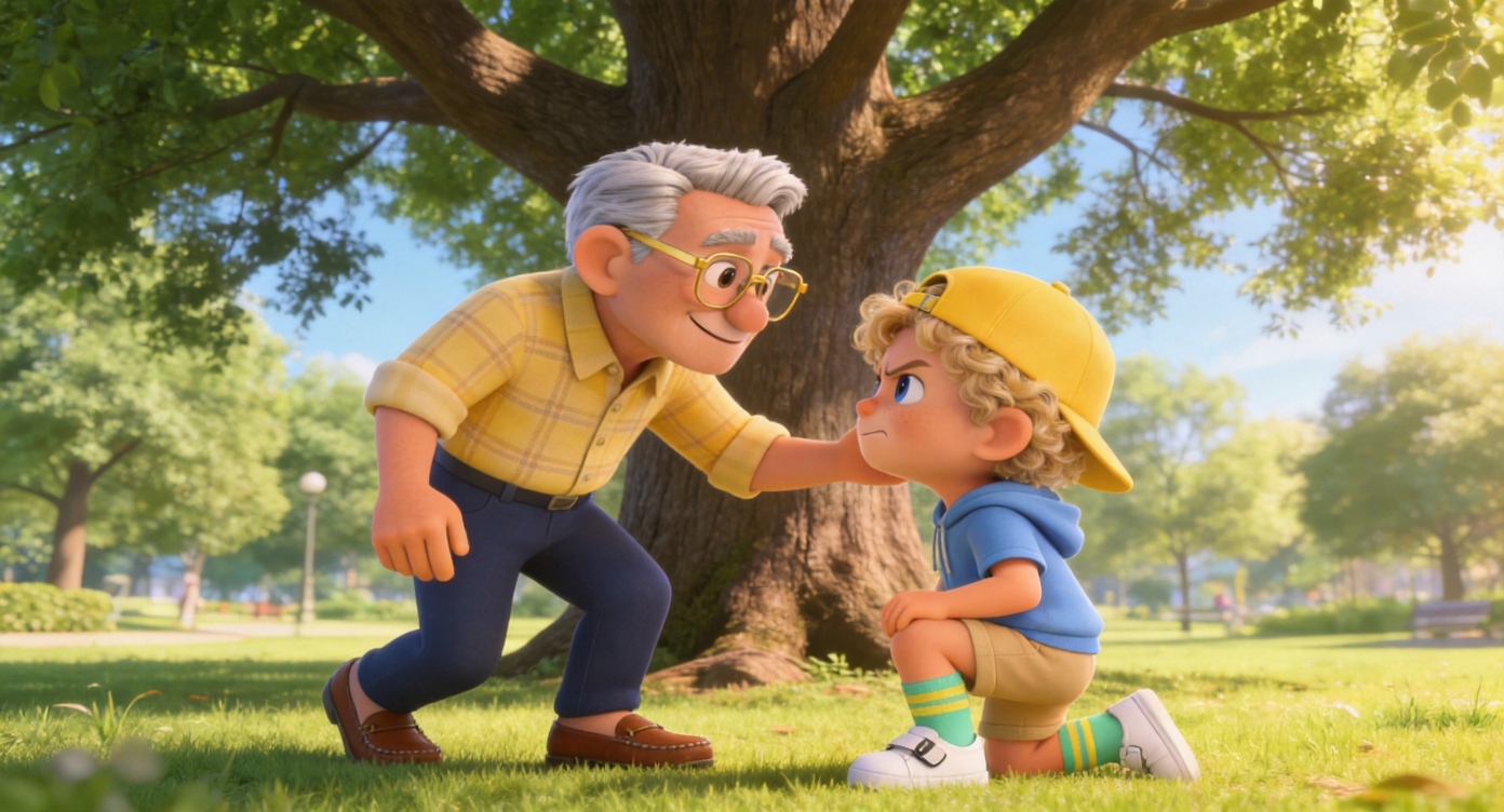 Medium shot. Under a large tree in the sunny park, Grandpa Joe walks up to Oliver and gently kneels on one knee to be at Oliver's eye level. Grandpa smiles with patient eyes. 3D Pixar style. --ar 16:9