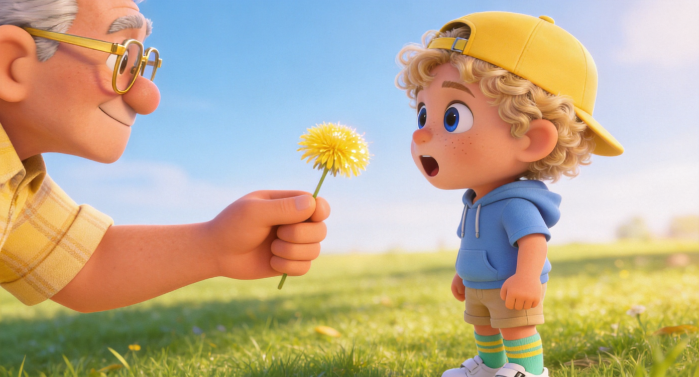 Close-up shot. On the sunlit park grass, Grandpa Joe's hand magically holds out a shiny yellow dandelion flower towards Oliver. Oliver's attention is caught, his mouth slightly open in surprise. Soft blue sky in the background. 3D Pixar style. --ar 16:9