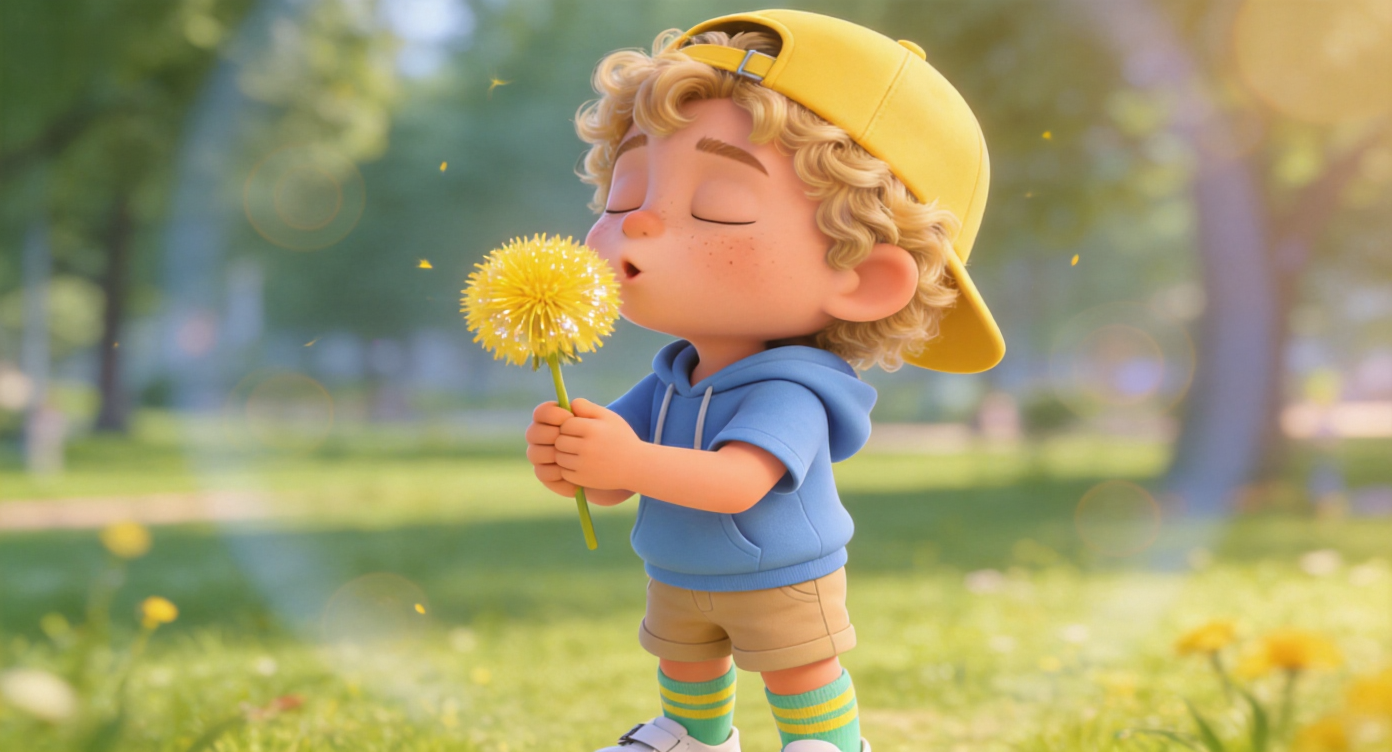 Close-up shot. Oliver holds a shiny yellow dandelion flower with both hands. He closes his eyes and takes a deep, long breath, the tension on his face slowly relaxing. Surrounded by soft park halos. 3D Pixar style. --ar 16:9