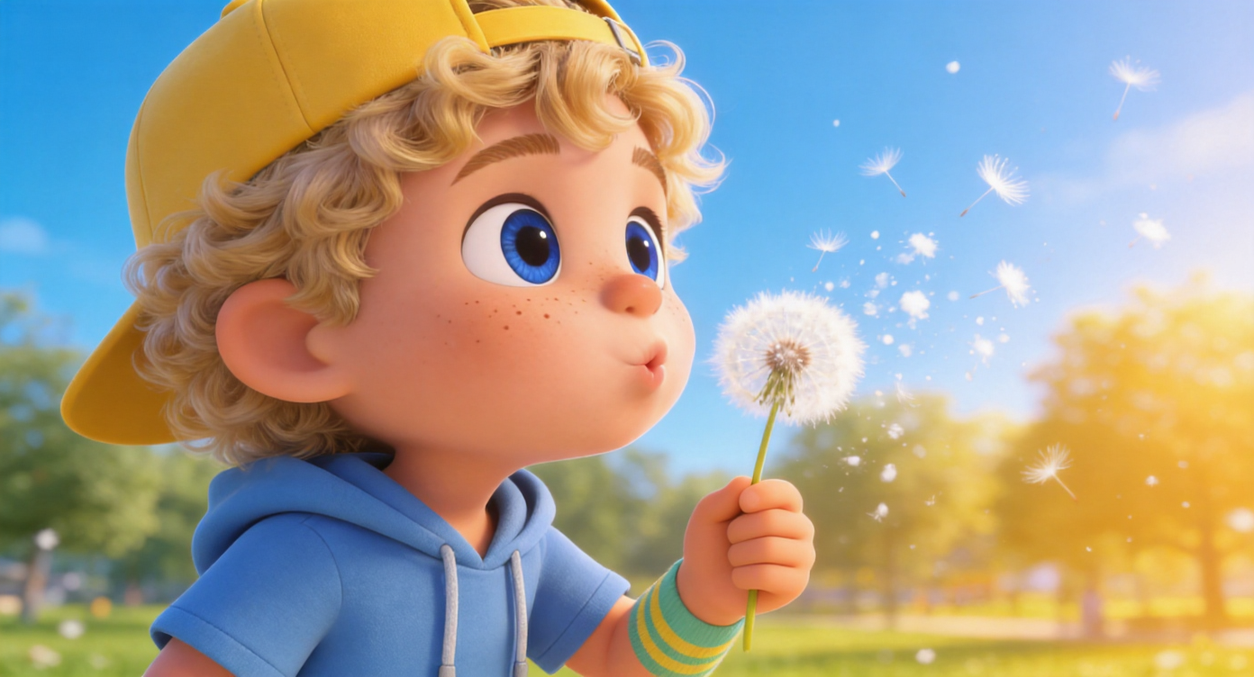 Close-up shot. Under the bright blue park sky, Oliver puffs his cheeks and blows hard at the dandelion in his hand. White fluffy seeds scatter and fly like snowflakes in the warm yellow backlight, creating an extremely beautiful scene. 3D Pixar style. --ar 16:9