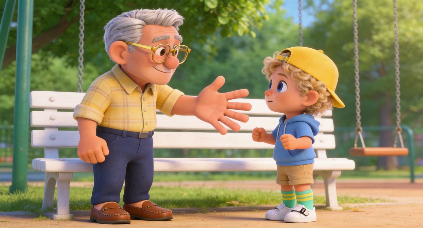 Medium shot. Beside a white park bench, Grandpa Joe holds out a large hand, showing Oliver his five spread fingers. Oliver looks earnestly at Grandpa's hand, and his own previously clenched fists open up. Green trees and swings in the background. 3D Pixar style. --ar 16:9
