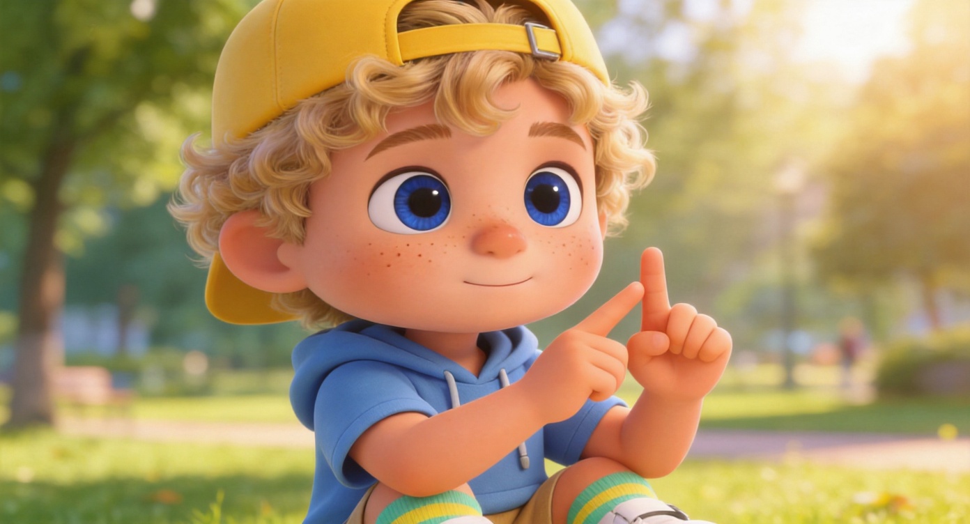 Close-up shot. Oliver raises his chubby little hands in the bright park sunlight. He is earnestly pointing at the fingers of one hand with the index finger of his other hand, counting by himself. His cute face now looks very calm. 3D Pixar style. --ar 16:9