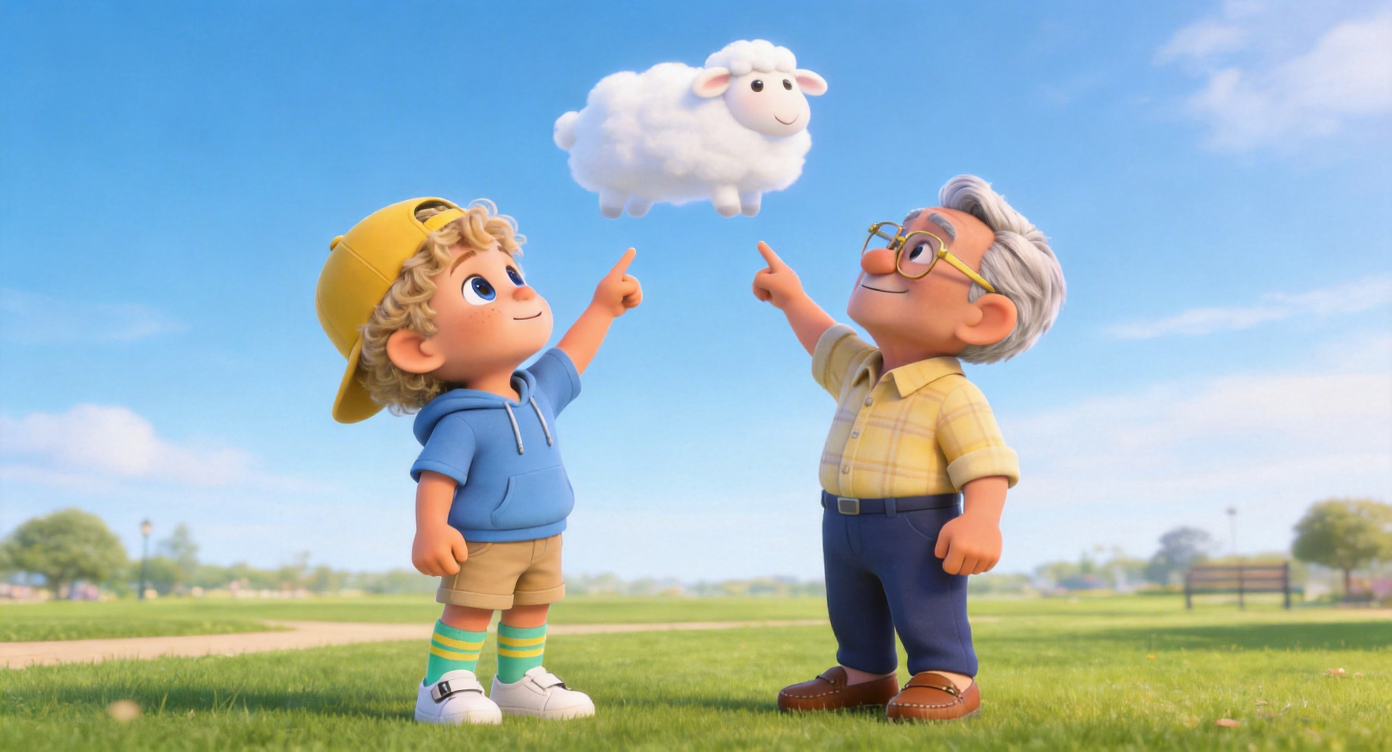 Wide shot. Oliver and Grandpa Joe stand side-by-side on the park lawn. They both tilt their heads back and point at a fluffy white cloud shaped like a sheep in the sky. The background is a vast, soft sky-blue sky. 3D Pixar style. --ar 16:9