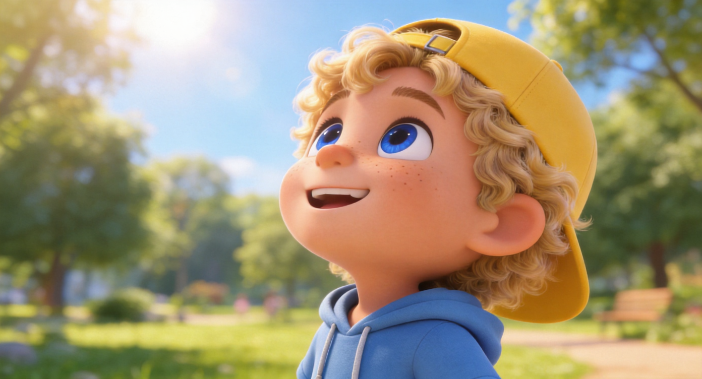 Close-up shot. Oliver looks at the sky, a big, innocent smile appearing on his face. His dark blue eyes are filled with happy light again, and his frustration is completely gone. Healing park sunlight. 3D Pixar style. --ar 16:9