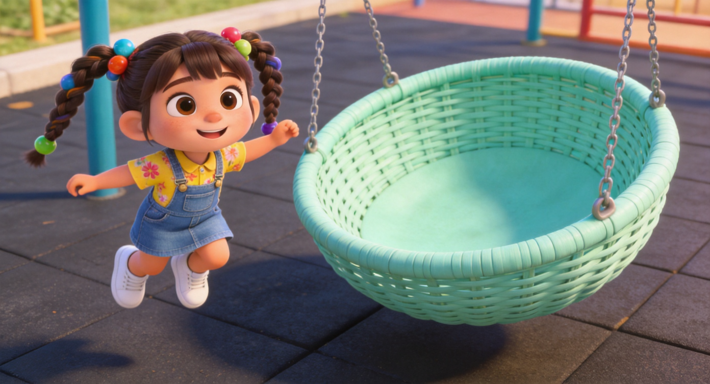 Medium shot. On the playground rubber mat, Maya jumps off a giant mint-green round basket swing. The swing is now empty, swaying gently in the breeze. Highly detailed, 3D Pixar style. --ar 16:9