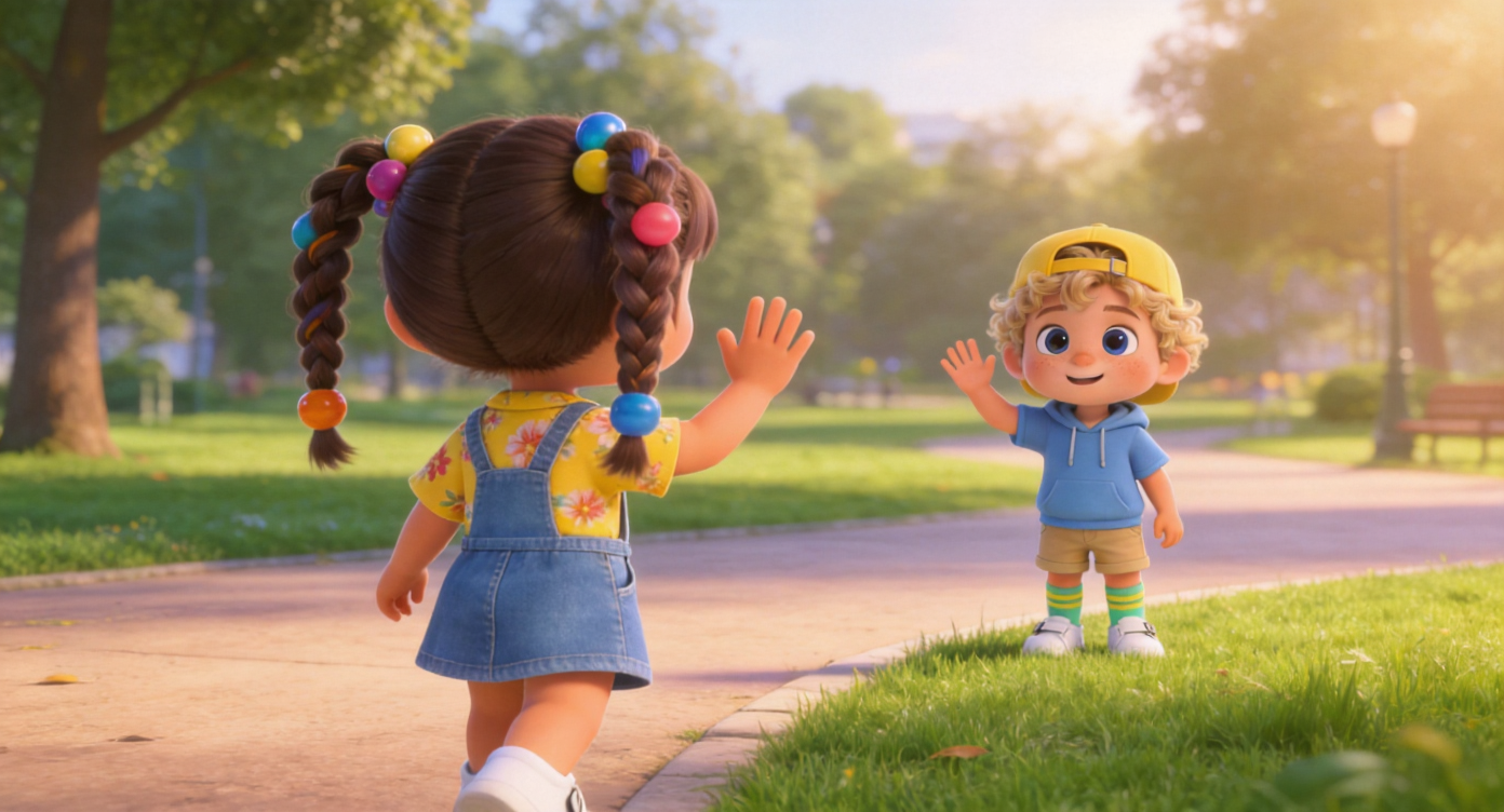 Wide shot. Before leaving, Maya turns around and waves friendlily at Oliver in the distance. Oliver stands at the edge of the green grass, happily waving back at her. The entire park is wrapped in soft afternoon light. 3D Pixar style. --ar 16:9