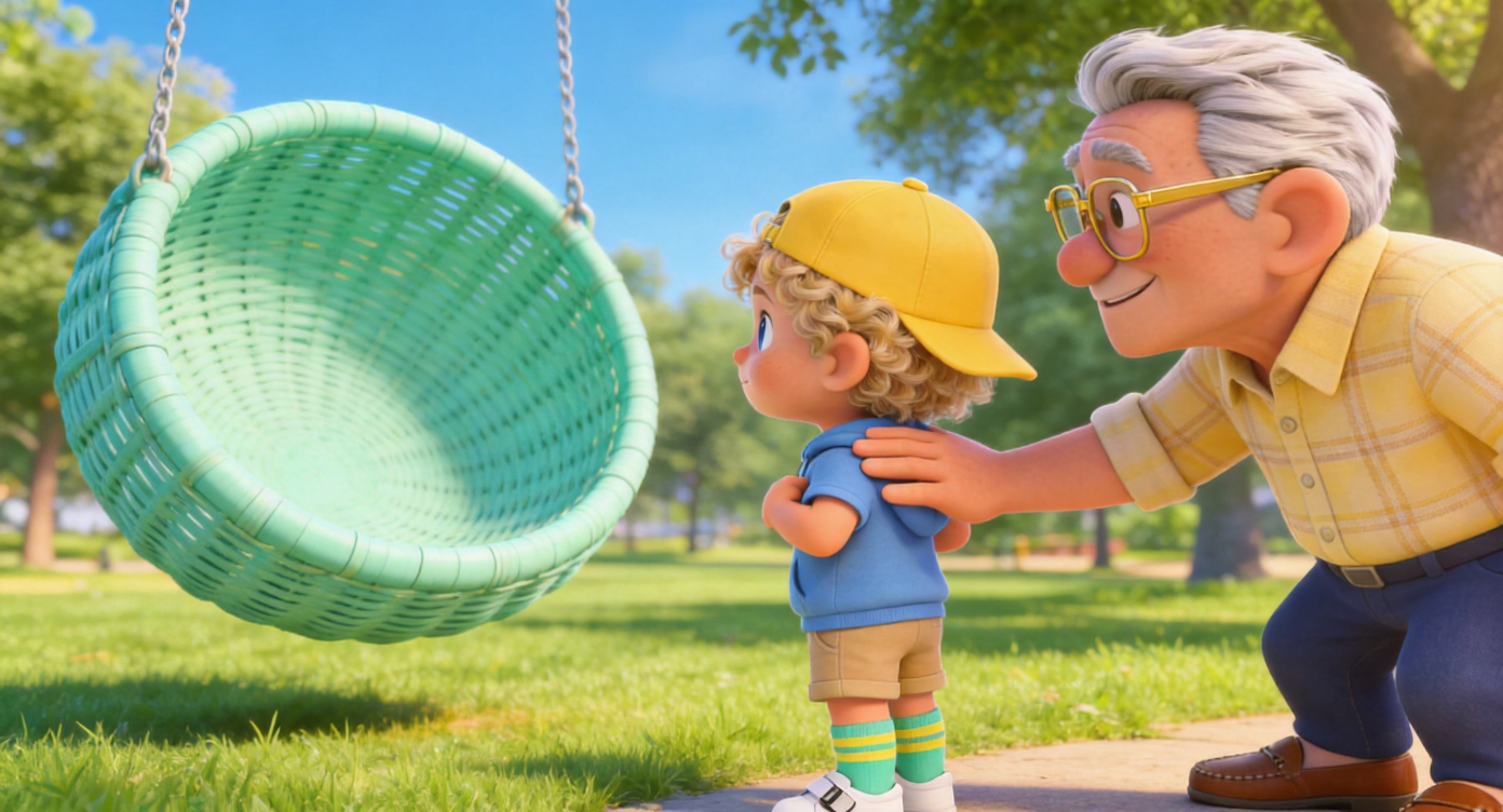 Close-up shot. At the edge of the sunlit park lawn, Grandpa Joe (light yellow plaid shirt) reaches out a large hand, gently patting Oliver's shoulder, his eyes full of praise and pride. Oliver proudly puffs out his chest, turning to look ahead at the now empty giant mint-green round basket swing. Green trees and blue sky in the background. Highly detailed, 3D Pixar style. --ar 16:9