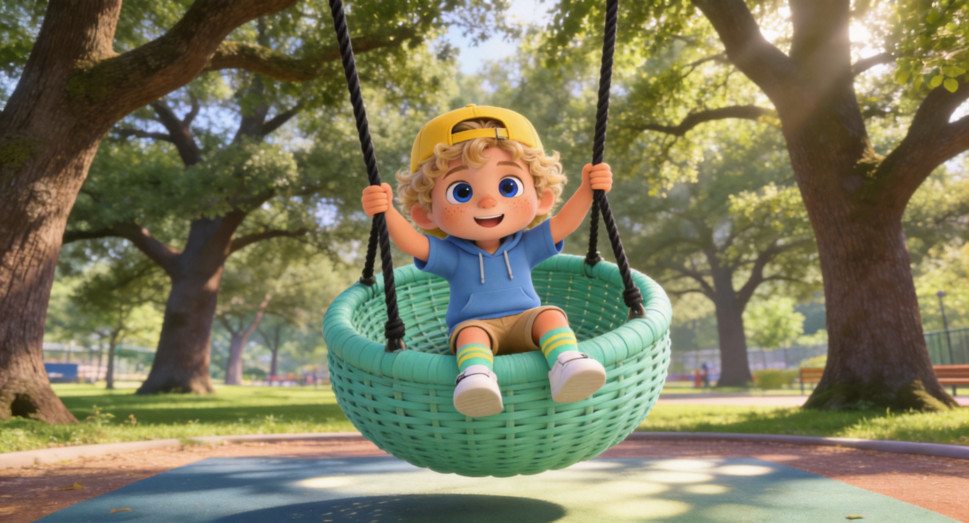 Wide shot. In the park playground area surrounded by tall oak trees, Oliver finally gets his wish, happily climbing onto a giant mint-green round basket swing. He sits in the middle of the basket, gripping the thick black ropes tightly with both hands, his face showing eager joy. Sunlight filters through leaves casting light spots on the playground mat. Highly detailed, 3D Pixar style. --ar 16:9