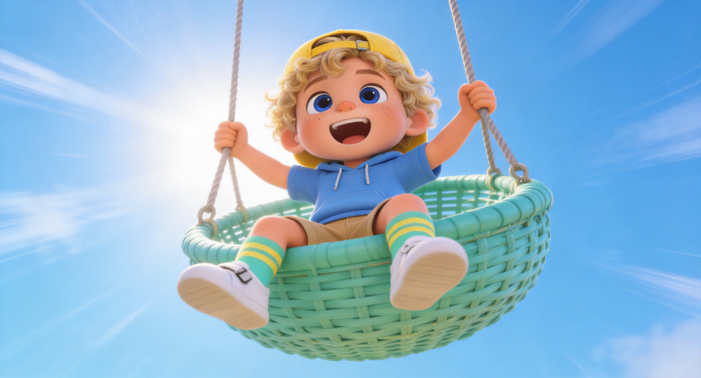 Low-angle dynamic shot. The swing goes high! Oliver cheering loudly on a giant mint-green round basket swing. Bright sunlight and sky-blue sky rush past behind him. Highly detailed, 3D Pixar style. --ar 16:9