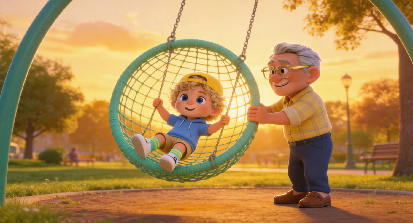 Wide distant shot. Under the setting sun, the entire park is painted in an extremely warm golden tone. Oliver swinging on the giant mint-green round basket swing, Grandpa Joe standing nearby pushing him with a smile. The image conveys extreme serenity and healing. 3D Pixar style, masterpiece. --ar 16:9