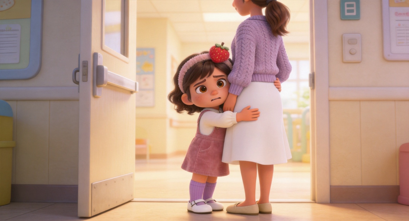 Medium shot. At the bright and cozy daycare entrance, Lily (tiny top ponytail with strawberry hairband, wearing a dusty pink pinafore dress and white Mary Jane shoes) is hugging her Mom (wearing a soft lavender knitted cardigan) tightly around the waist. Lily has a reluctant expression. The background features the daycare's cream-colored walls and soft morning sunlight. 3D Pixar style. --ar 16:9