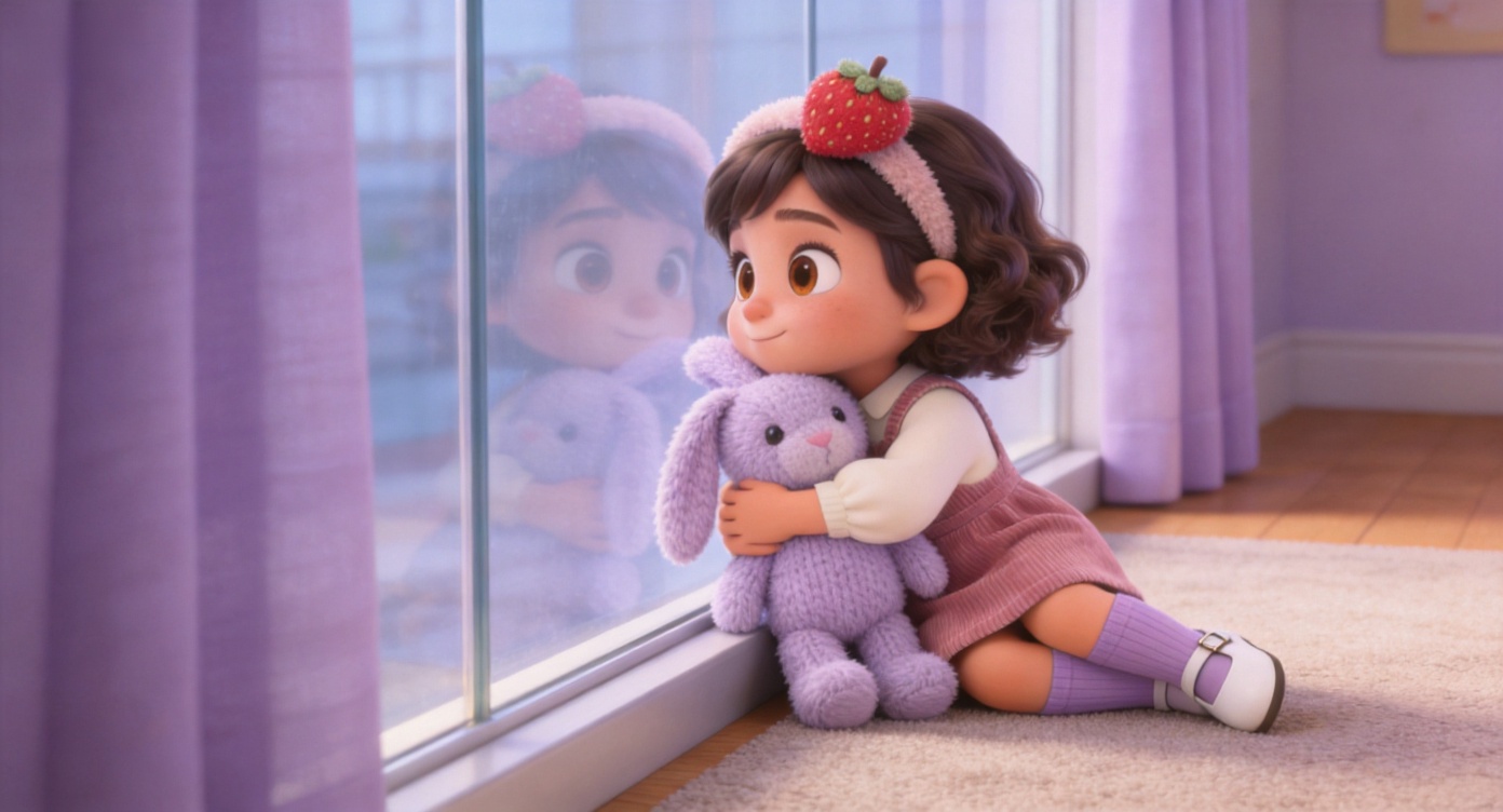 Wide shot. Inside a comfortable daycare playroom, Lily (wearing a dusty pink pinafore dress) leans alone against a large transparent glass window, looking outside. She tightly hugs a fluffy lavender knitted bunny toy in her arms. The background shows soft lavender indoor curtains and a carpeted wooden floor. 3D Pixar style. --ar 16:9