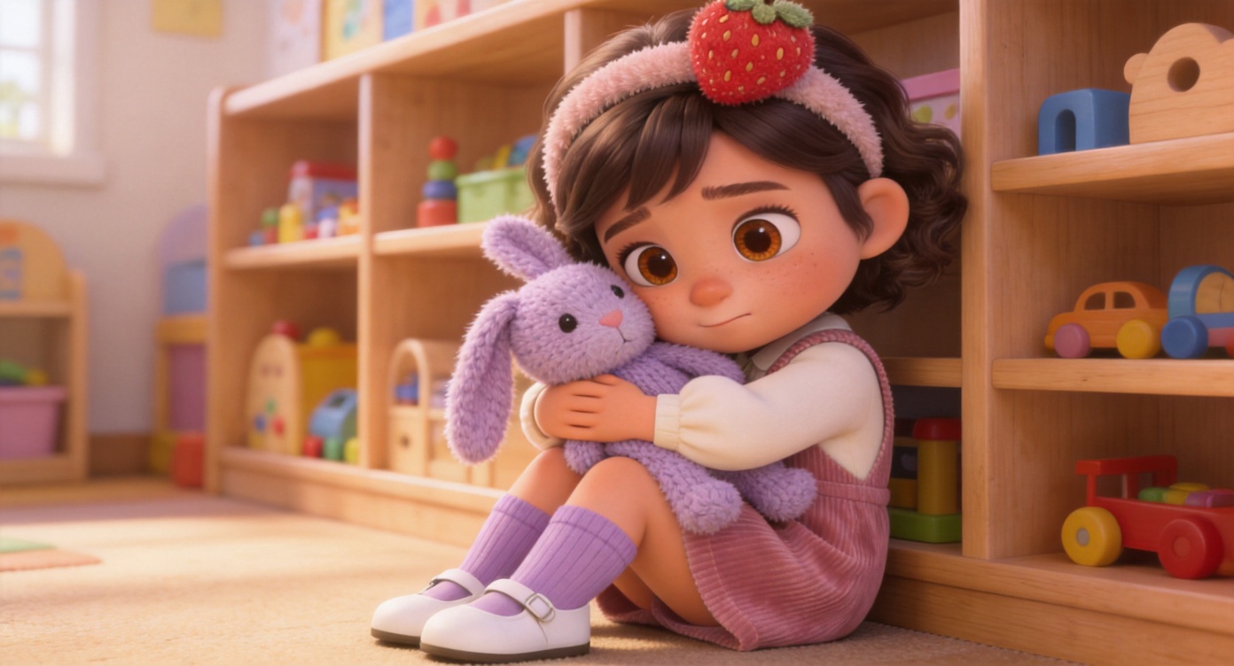 Close-up shot. Beside the wooden toy shelves in the daycare, Lily (wearing a dusty pink pinafore dress) sits listlessly on the floor, shoulders slumped, her big watery hazel eyes full of longing and sadness. She presses a fluffy lavender knitted bunny toy tightly against her cheek. Soft daylight. 3D Pixar style. --ar 16:9