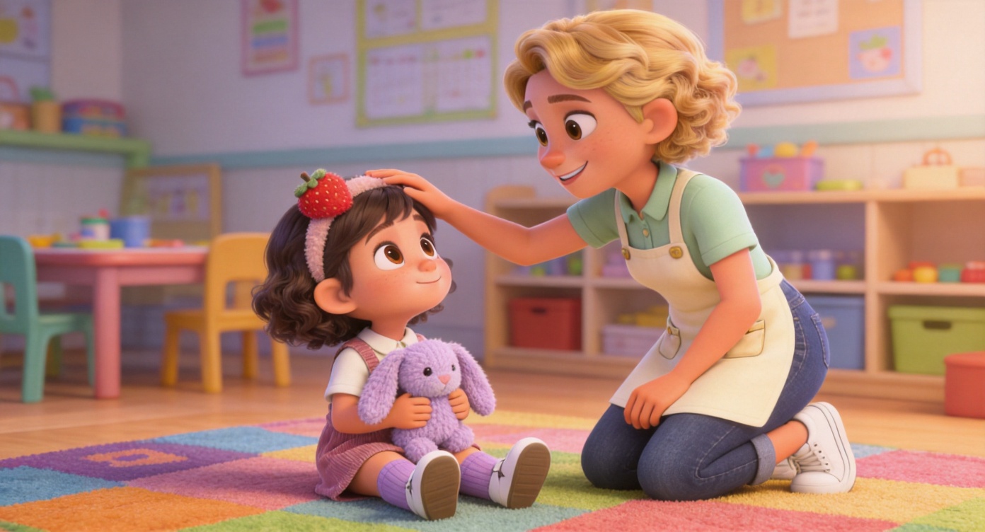 Medium shot. On a colorful rug in the daycare, Teacher Emma (short curly blonde hair, cream-colored apron) gently kneels beside Lily. The teacher reaches out to softly pet Lily's head with a comforting gaze. Lily holds the a fluffy lavender knitted bunny toy and looks up at the teacher. The background is a tidy classroom environment. 3D Pixar style. --ar 16:9