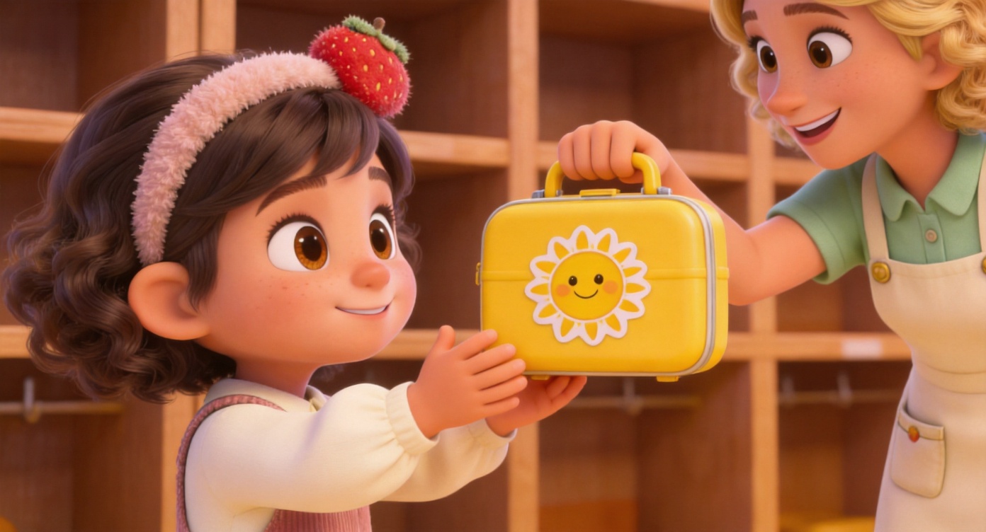 Close-up shot. In front of the daycare's children cubbies, Teacher Emma's hand passes a small yellow lunchbox with a smiling sun sticker to Lily. Lily's chubby little hands (showing sleeves of a cream-colored long-sleeve blouse) reach out to take it. The background features wooden cubby holes, warm bright lighting. 3D Pixar style. --ar 16:9