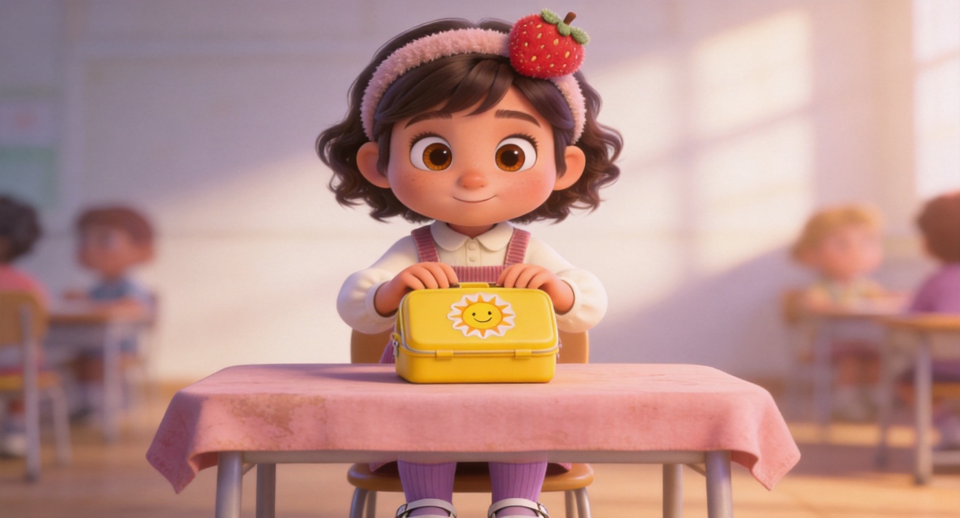 Close-up shot. On a small table with a dusty pink tablecloth, Lily (wearing a dusty pink pinafore dress) opens a small yellow lunchbox with a smiling sun sticker. Her eyes widen in surprise, and the corners of her mouth slightly curl up into a smile. The background shows soft light patches and blurred other children in the classroom. 3D Pixar style. --ar 16:9