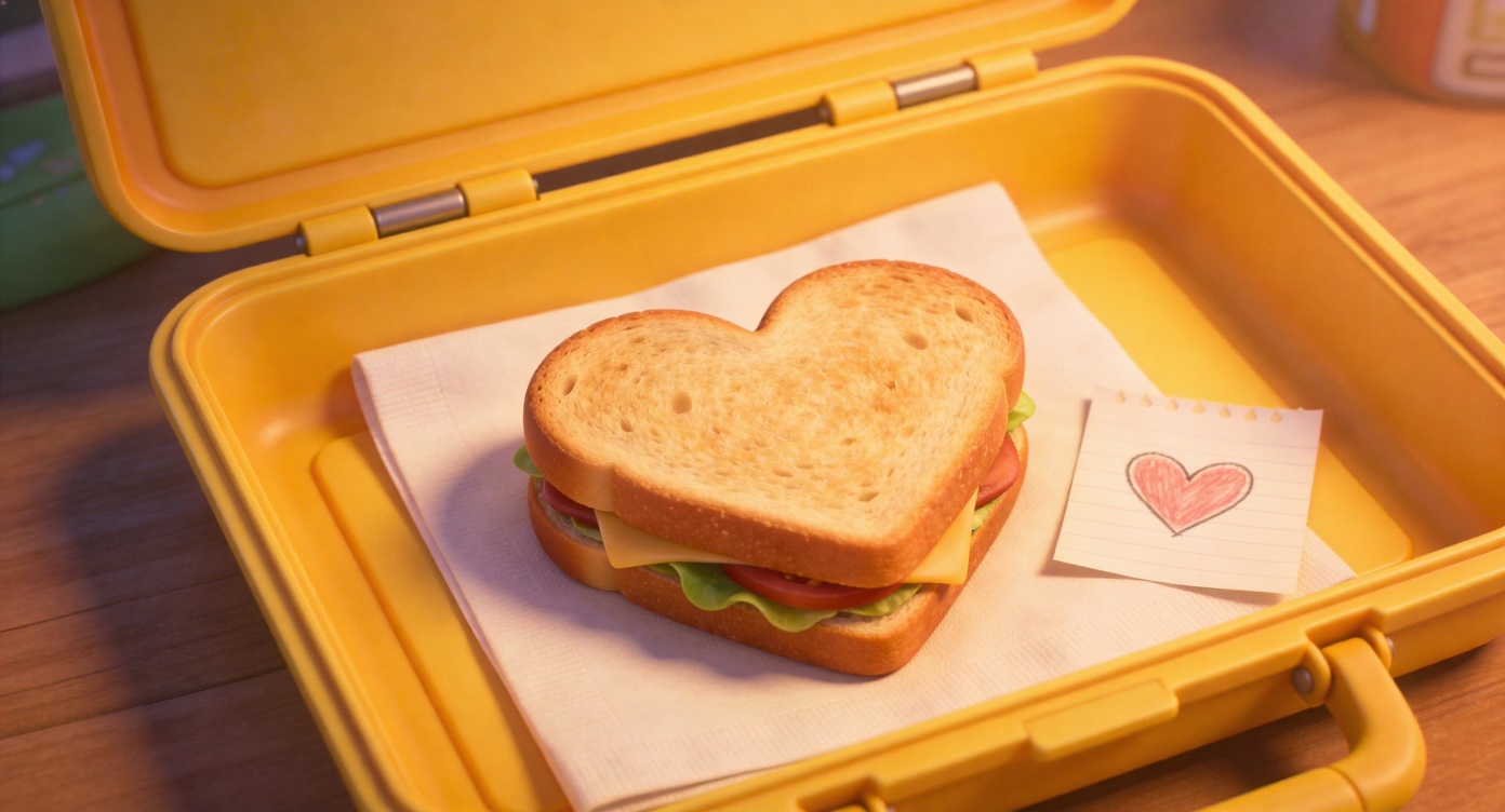 Extreme close-up shot. View inside the lunchbox: resting on a clean napkin is a sandwich perfectly cut into a heart shape, and beside it is a small paper note with a drawn heart. Soft light hits the food making it look delicious and cozy. Background is the yellow interior of the lunchbox. 3D Pixar style. --ar 16:9