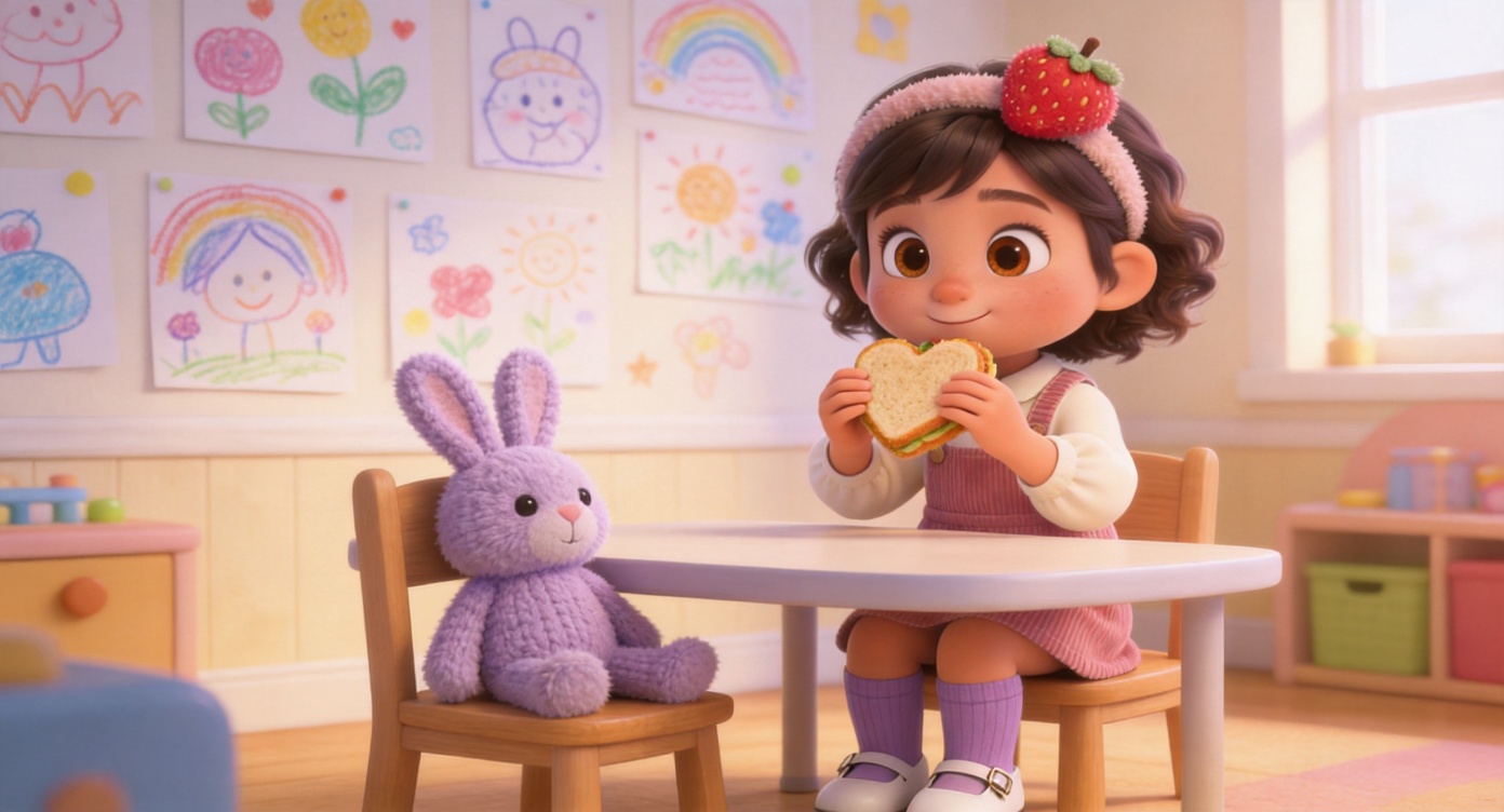 Medium shot. At the small table, Lily (wearing a dusty pink pinafore dress, strawberry hairband) holds the heart-shaped sandwich with both hands and takes a small bite, showing a reassured and sweet smile. A fluffy lavender knitted bunny toy sits safely on the chair right next to her. 3D Pixar style. --ar 16:9