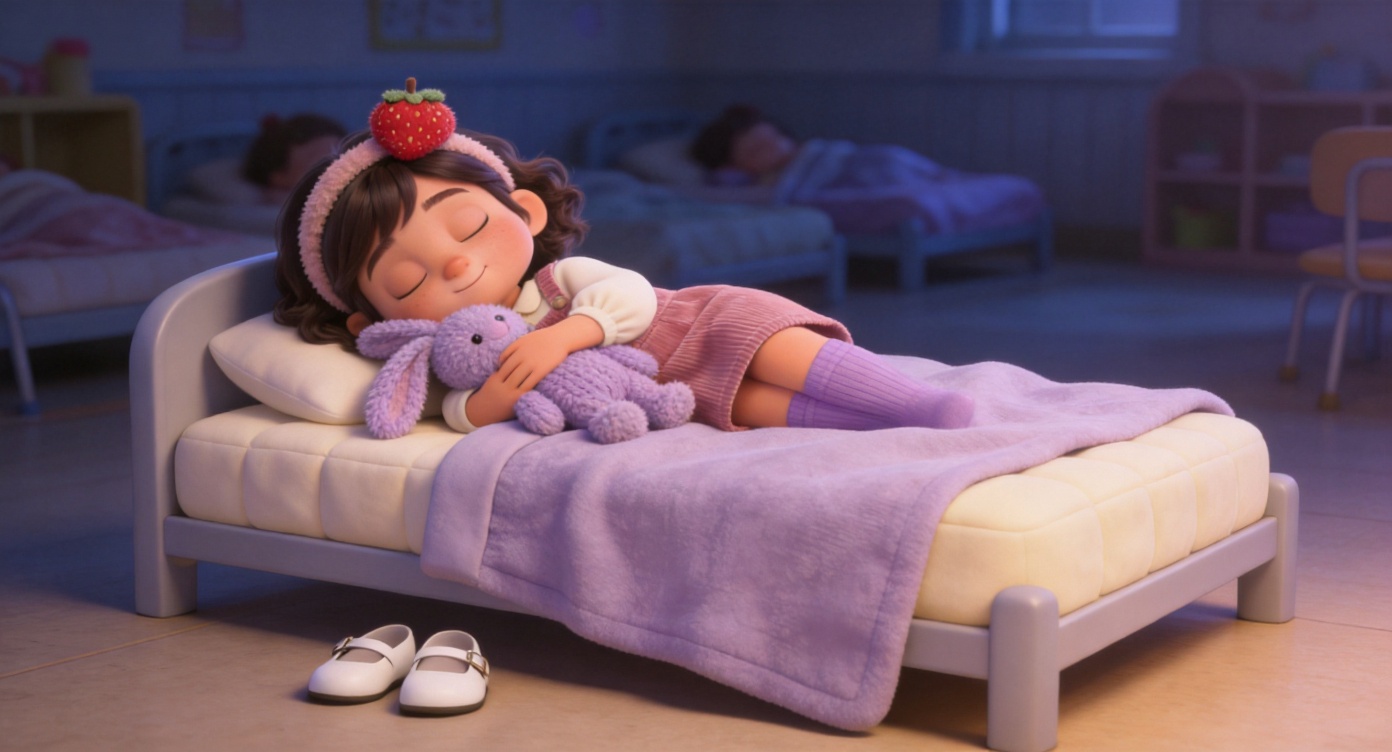 Wide shot. Nap time in the daycare. Under soft dim indoor lighting, Lily is fast asleep on a small bed with a cream-colored soft mattress, covered by a pale lavender blanket. She is hugging a fluffy lavender knitted bunny toy in her arms, her expression incredibly peaceful. 3D Pixar style. --ar 16:9