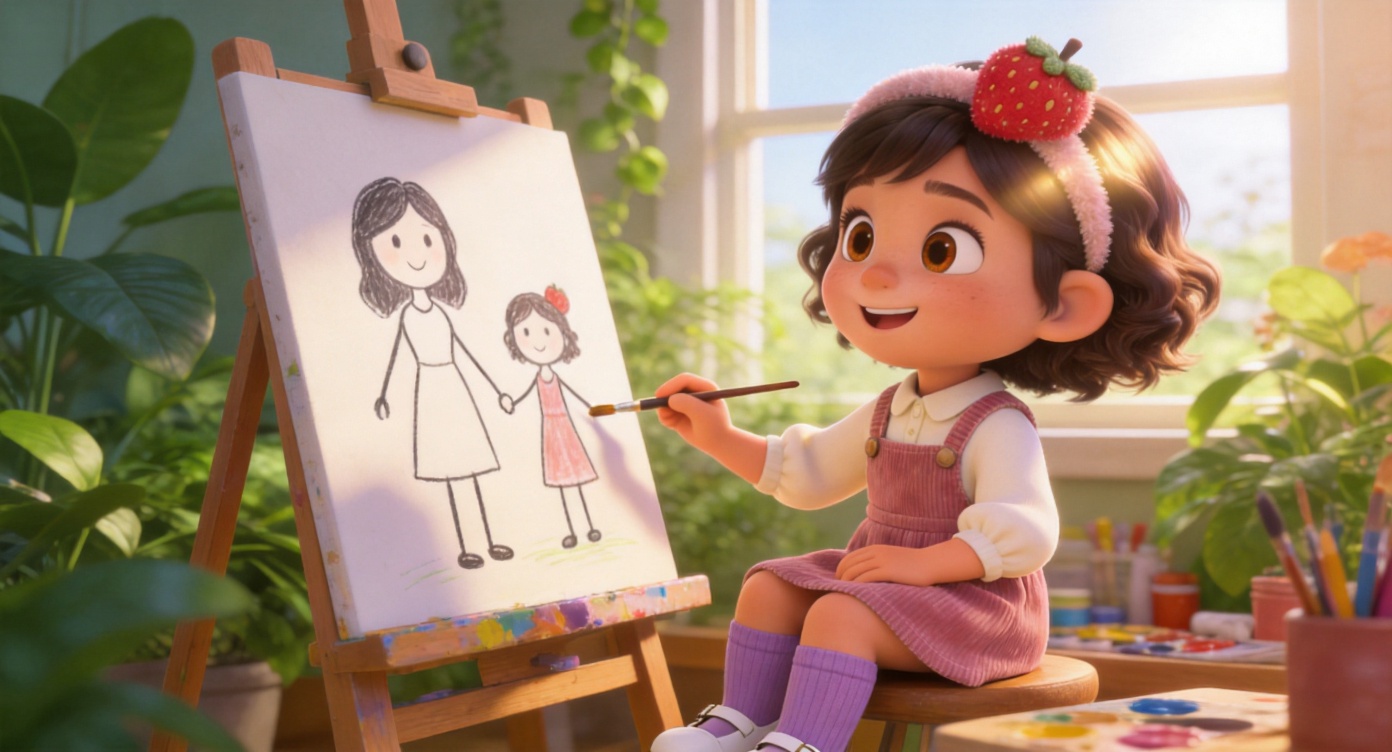 Medium shot. Afternoon activity area. Lily (wearing a dusty pink pinafore dress) sits at an easel, holding a paintbrush, happily painting two little stick figures holding hands on the paper. Sunlight shines through the window onto her hair. The background features vibrant green plants and art supplies. 3D Pixar style. --ar 16:9