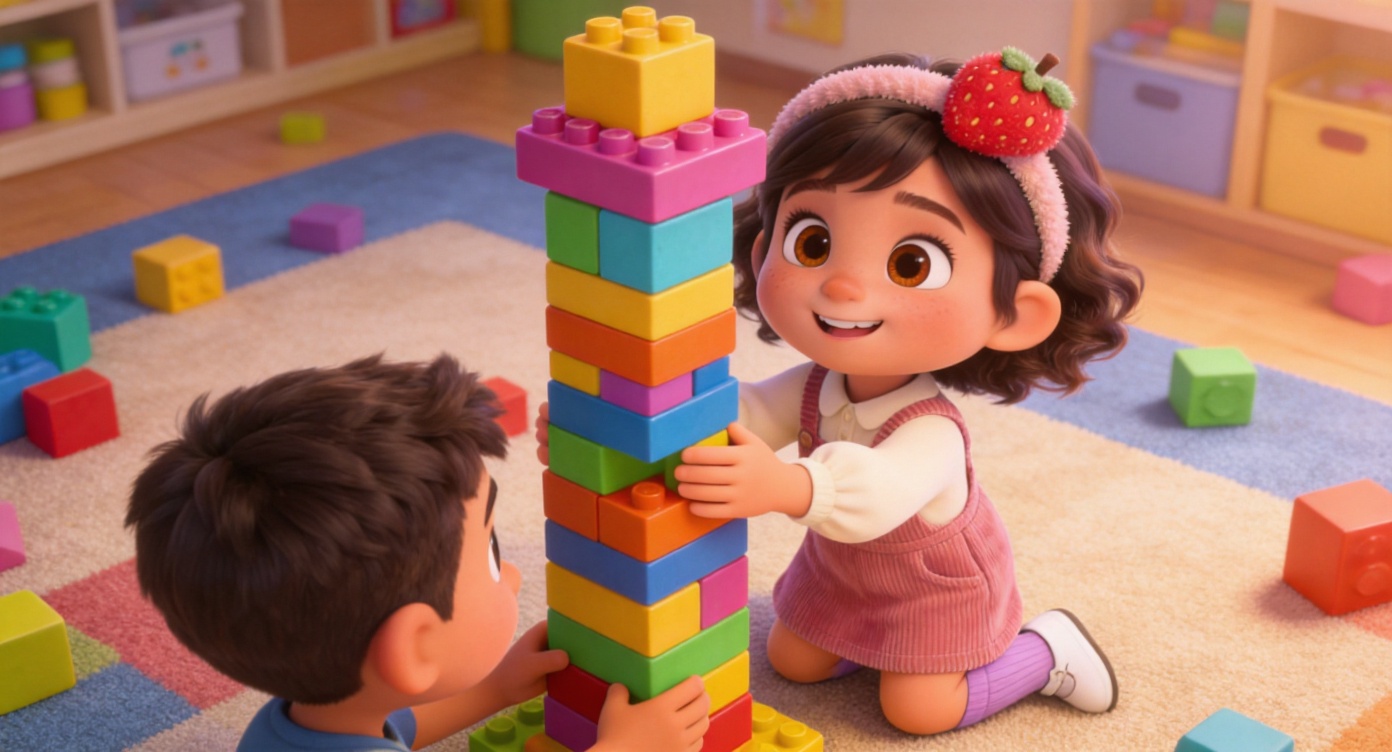 Medium shot. In the carpeted block area, Lily (showing soft lavender knee-high socks and white shoes) is happily building a tall colorful block tower with a little boy. Lily smiles very brightly, showing her small teeth. The background is the warm activity area of the daycare. 3D Pixar style. --ar 16:9