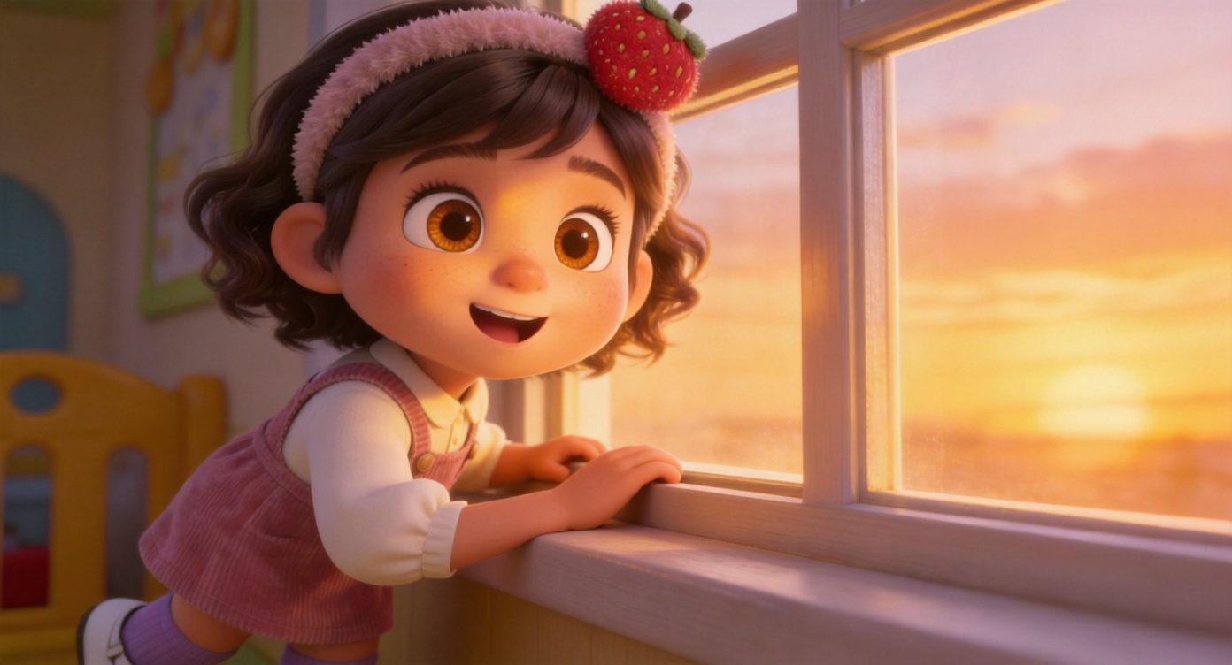 Close-up shot. By the daycare window, the golden glow of the setting sun falls on Lily's face (wearing a dusty pink pinafore dress). She stands by the window looking out, but this time her expression is full of excitement and anticipation, her hands happily gripping the windowsill. The background is the sunset sky outside. 3D Pixar style. --ar 16:9
