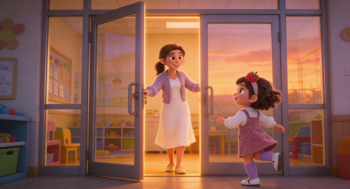 Wide shot. The daycare glass door is pushed open, Mom (wearing a soft lavender knitted cardigan) stands at the doorway smiling, reaching her arms out into the room. The sunset outside casts a warm rim light on Mom. Inside, Lily turns her head back excitedly. 3D Pixar style. --ar 16:9