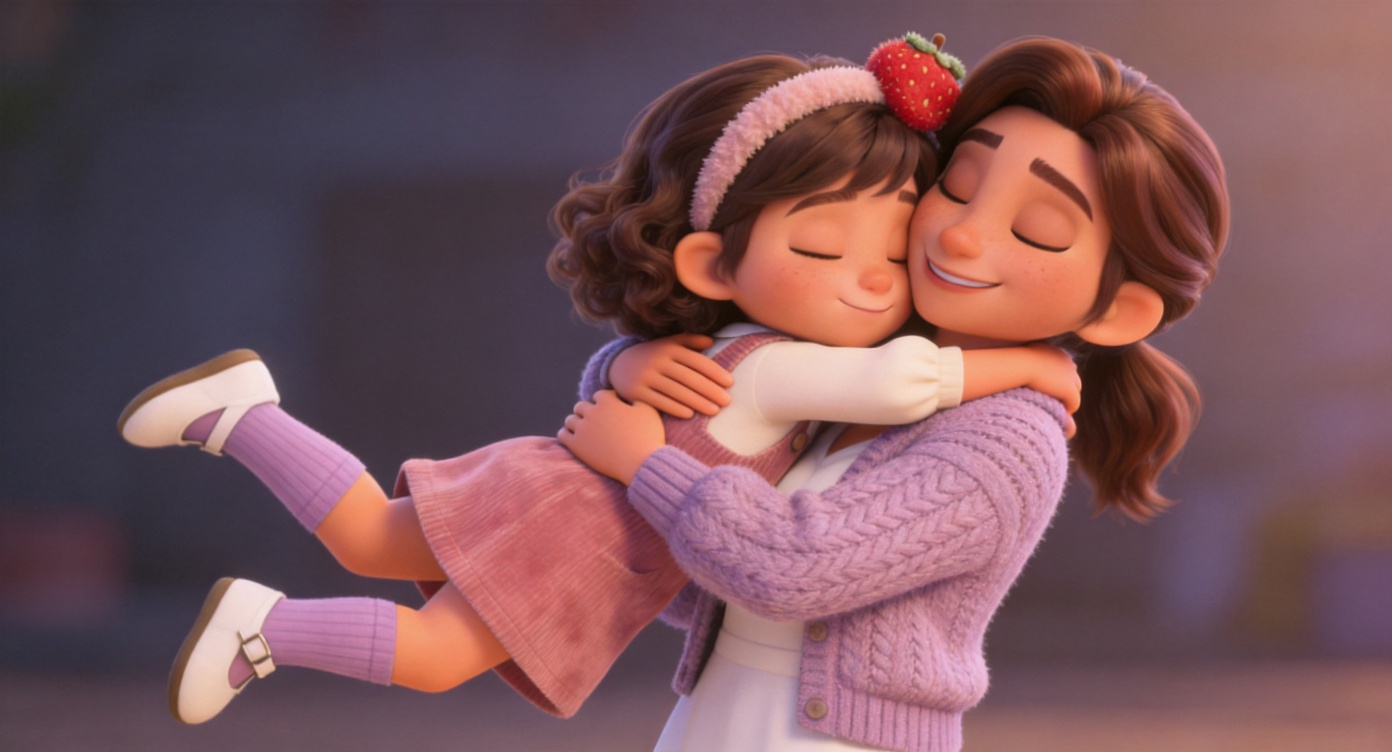 Close-up shot. Lily (wearing a dusty pink pinafore dress) diving like a little cannonball into Mom's embrace, hugging Mom's neck tightly. Mom's hands gently wrap around Lily's back. The image is filled with extreme love and healing emotion, blurred background. 3D Pixar style. --ar 16:9