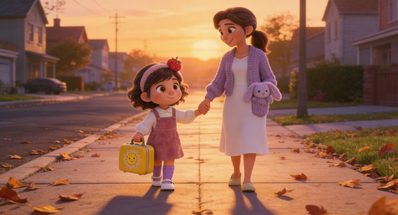 Wide shot. On a community sidewalk covered with fallen leaves, Lily holds Mom's hand walking home together. Lily's other hand carries a small yellow lunchbox with a smiling sun sticker, and a fluffy lavender knitted bunny toy peeks out from Mom's pocket. The sunset casts long shadows behind them. 3D Pixar style. --ar 16:9
